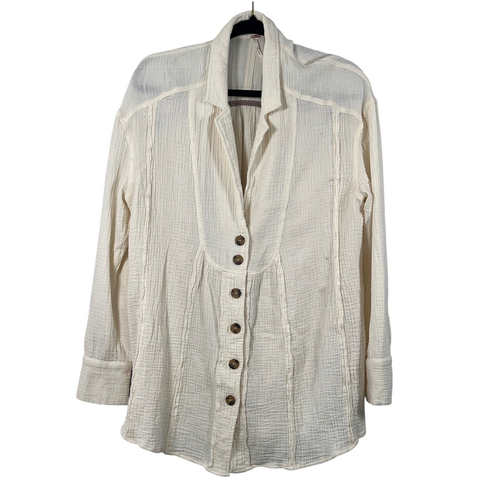 Free People Cream Boho Long Sleeve Button Up Top Large Hipster Indie Cottage